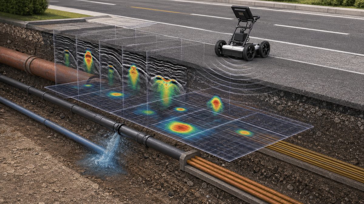 Gr&aacute;fica t&eacute;cnica de GPR C-scan sobre tuber&iacute;as y filtraci&oacute;n en infraestructura subterr&aacute;nea