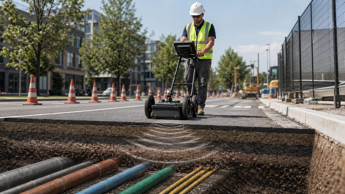 T&eacute;cnico usando georadar para tuber&iacute;as subterr&aacute;neas antes de una excavaci&oacute;n urbana