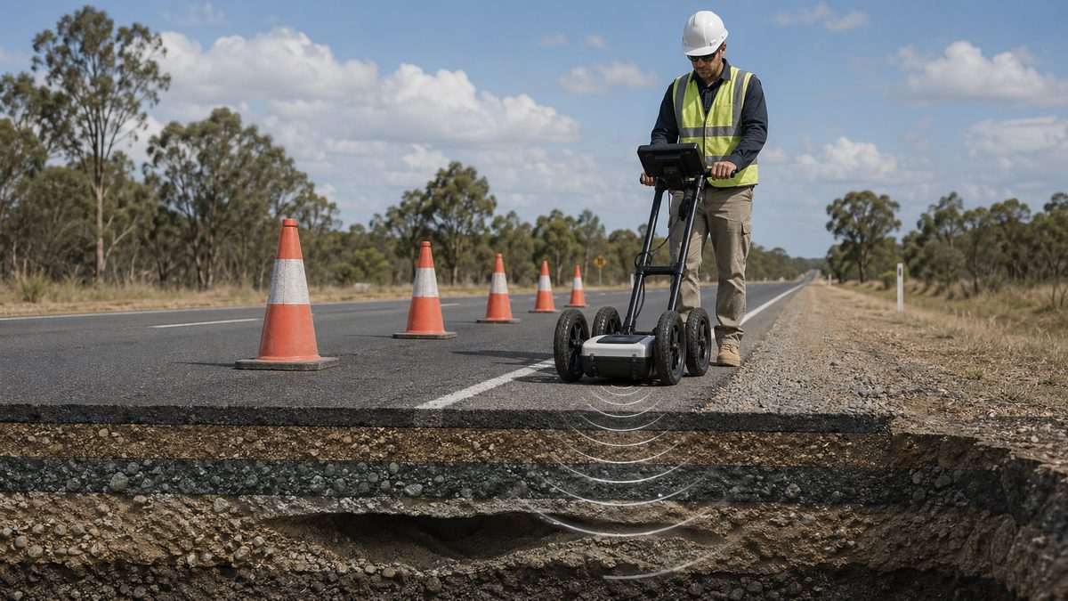 Técnico usando georadar GPR para evaluar capas de pavimento en una carretera