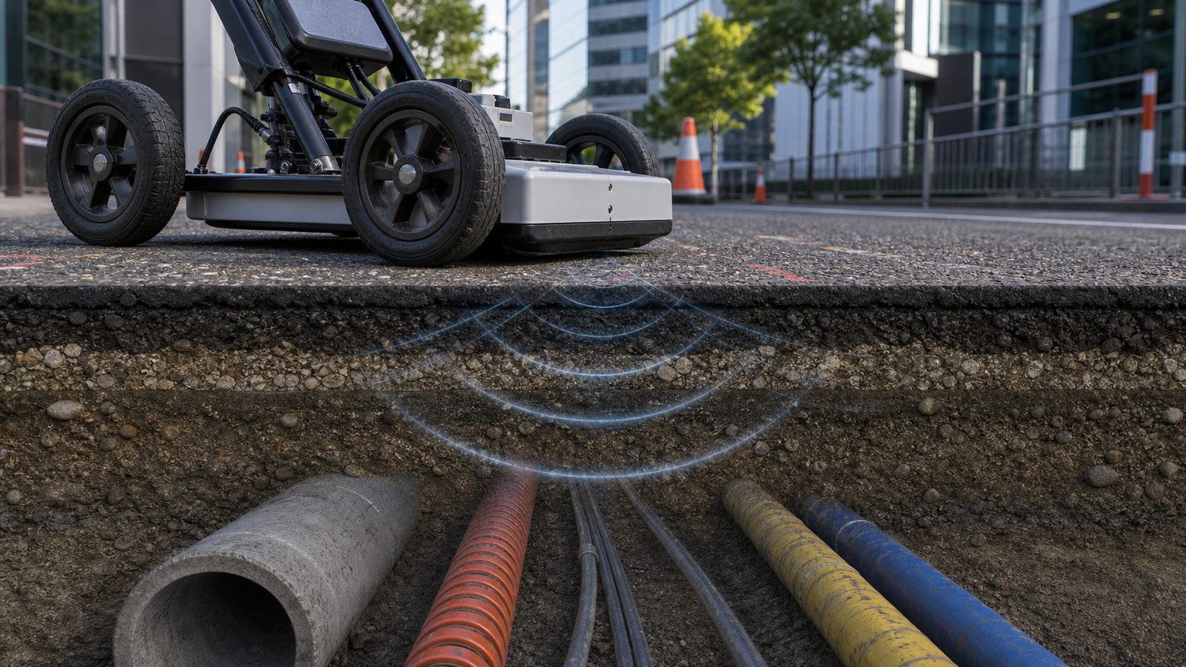 GPR para servicios subterr&aacute;neos en pavimento urbano con ductos y cables enterrados