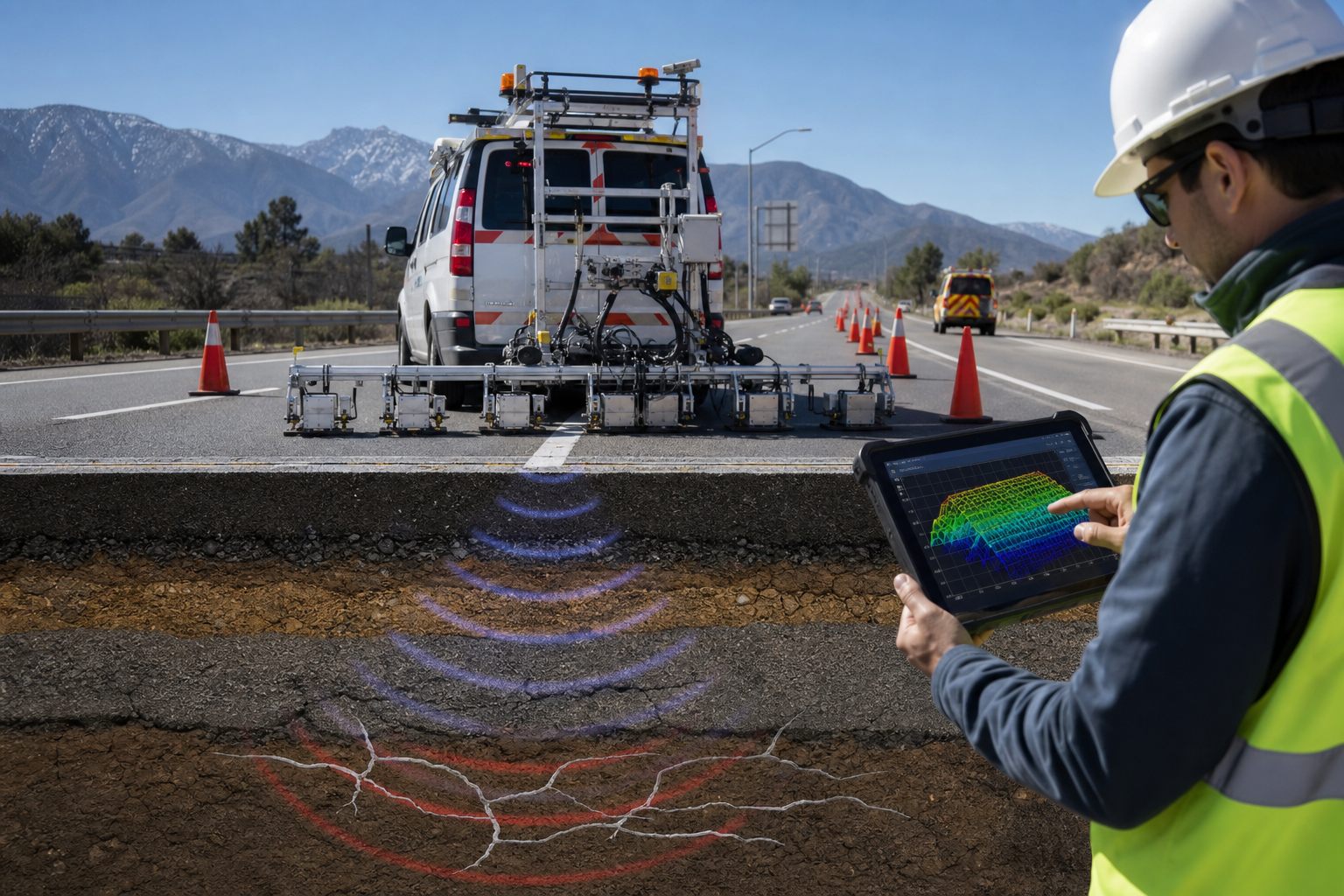 Georadar en pavimentos con GPR 3D para detectar da&ntilde;os internos en carreteras