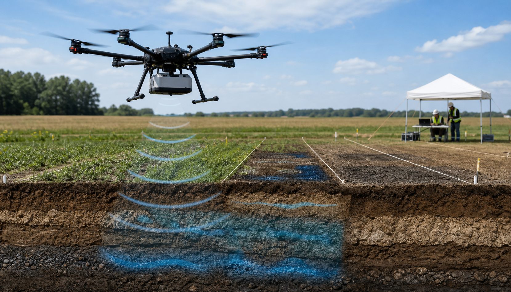 GPR con drones para mapear humedad de suelo y capas subsuperficiales